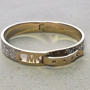 Michael Kors Gold Tone Pave Crystal Buckle MK Logo Hinged Bangle Bracelet